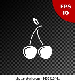 White Cherry icon isolated on transparent dark background. Fruit with leaf symbol.  Vector Illustration