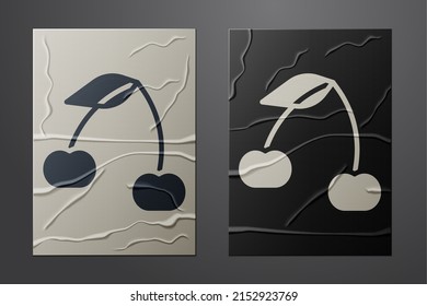 Icono de cerezo blanco aislado sobre fondo de papel desmitificado. Fruta con símbolo de hoja. Estilo de arte de papel. Vector