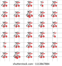 White cherry icon with red shadow in lineal grid and white background.Vector illustration. Seamless line pattern. Nature sketch. Geometrical grid.