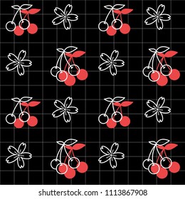 White cherry icon with red shadow and cherry blossom flowers in lineal grid and black background.Vector illustration. Seamless line pattern. Nature sketch. Geometrical grid.