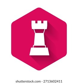 White Chess icon isolated with long shadow background. Business strategy. Game, management, finance. Pink hexagon button. Vector