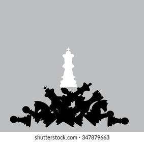 White chess king figure and defeated black figures as concept for victory. Vector illustration