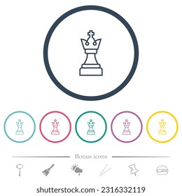 White chess king flat color icons in round outlines. 6 bonus icons included.