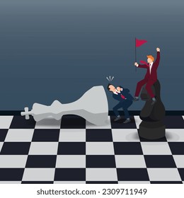 White chess king laying down and the businessman sitting on chess knight as a winner vector illustration