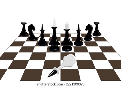 White chess king lies on the chessboard, opponent's black pieces in the background, defeated king on the chessboard, flat vector, horizontal background