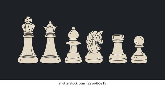 White chess on black background. King, queen, bishop, knight, rook, pawn figures in line style. Vintage chessboard. Strategy game competition. Challenge concept. Isolated vector illustrations