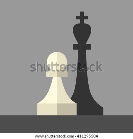 White chess pawn casting shadow of king piece on gray. Flat style. Leader, succes, power, strength, business, faith, goal and ambition concept. EPS 8 vector illustration, no transparency