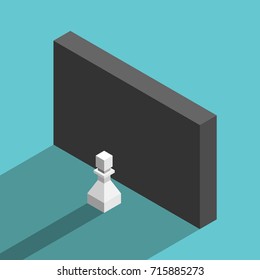 White chess pawn in front of high black wall on turquoise blue background with long shadows. Obstacle, problem, challenge and crisis concept. Flat design. EPS 8 vector illustration