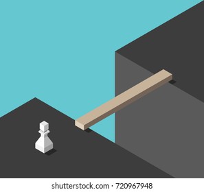 White chess pawn standing in front of large gap with bridge. Challenge, risk, problem, solution and adversity concept. Flat design. Vector illustration, no transparency, no gradients