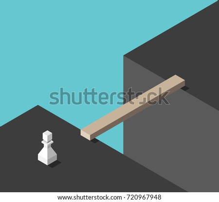 White chess pawn standing in front of large gap with bridge. Challenge, risk, problem, solution and adversity concept. Flat design. Vector illustration, no transparency, no gradients