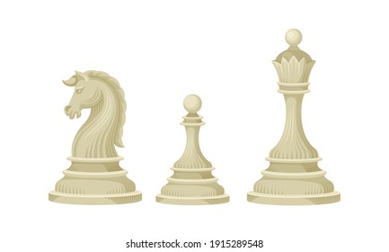 White Chess Piece or Chessman with Knight and Pawn Vector Set