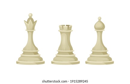 White Chess Piece or Chessman with Queen and Rook Vector Set