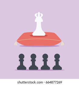white chess piece king flat design or queen game isolated for business boss or manager cartoon vector on a royal pillow or cushion & pawns pieces slaves or four black employees 