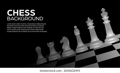 White chess pieces on chessboard design illustration, realistic vector of chess pieces, king, queen, bishop, knight, rook, and pawn with blank black background copy space for replacement text
