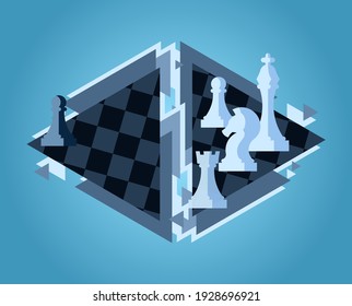 White chess pieces vs one black pawn on symbolic chess board with light blue background. Minimalistic chess fight concept. Flat vector illustration.