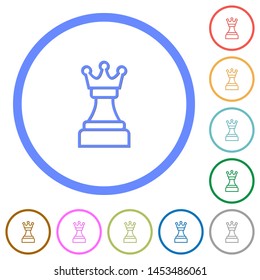 White chess queen flat color vector icons with shadows in round outlines on white background