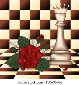 White Chess Queen and red rose. vector illustration