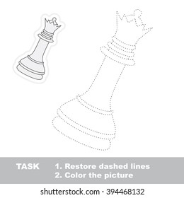White chess queen in vector to be traced. Restore dashed line and color the picture. Trace game for children.