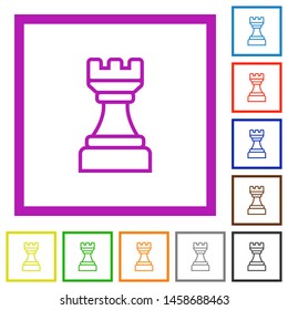 White chess rook flat color icons in square frames on white background