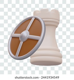 White chess rook is protected by round shield. Techniques and combinations