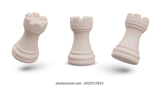 White chess rook in vertical and tilted position. Templates for designing arrangement