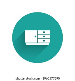 White Chest of drawers icon isolated with long shadow. Green circle button. Vector