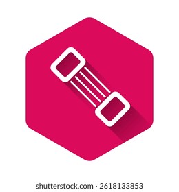 Icono blanco del expansor del pecho aislado con el fondo largo de la sombra. Botón hexagonal rosa. Vector