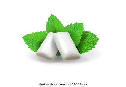 White chewing gum and green mint for fresh breath. Bubblegum pads with spearmint leaves. Chewing menthol dragee isolated Dental health illustration