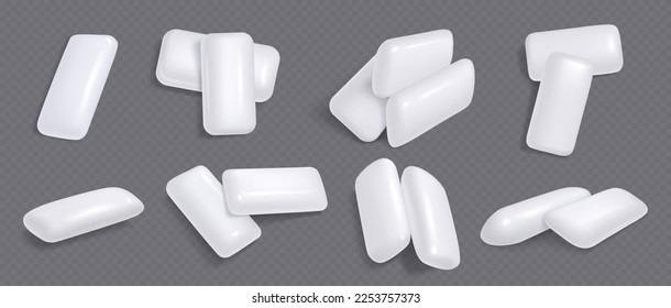 White chewing gums, mint candies for fresh breath. Piles of sweet menthol bubble gum pads, chewy candies isolated on transparent background, vector realistic illustration