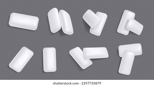 White chewing gums, mint candies for fresh breath. Piles of sweet menthol bubble gum pads, chewy candies isolated on transparent background, vector realistic illustration