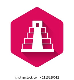 White Chichen Itza in Mayan icon isolated with long shadow background. Ancient Mayan pyramid. Famous monument of Mexico. Pink hexagon button. Vector