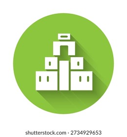 White Chichen Itza in Mayan icon isolated with long shadow. Ancient Mayan pyramid. Famous monument of Mexico. Green circle button. Vector