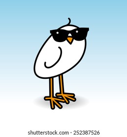 White Chick Turning Head Wearing Black Sunglasses Staring towards camera on Blue Background