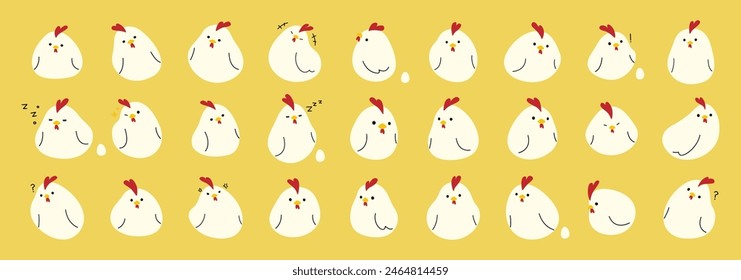 White Chicken collection 2 cute on a yellow background, vector illustration.