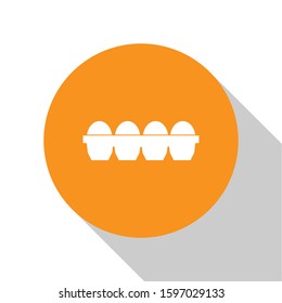 White Chicken egg in box icon isolated on white background. Orange circle button. Vector Illustration