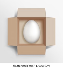 White chicken egg in a cardboard box. Ecological farm food. Vector illustration.