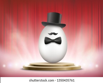 White chicken egg in a hat and a bow tie. Easter holiday performance. Vector illustration.