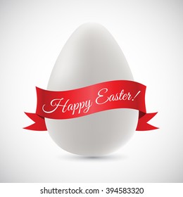 White chicken egg with red ribbon greeting. Gift for Easter. Vector element for your design project.