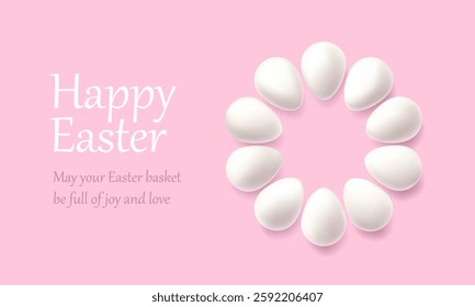 White chicken egg round layout top view, happy Easter vector background. 3d hen food render, farm organic protein concept. Fresh healthy breakfast illustration, light shell duck cook realistic package