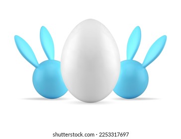 Huevo de pollo blanco con dos conejillos abstractos composición de Pascua Icono 3d ilustración vectorial realista. Decoración festiva de primera calidad elemento cabeza de conejo con orejas largas diseño creativo tradicional
