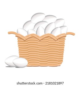 Huevos de pollo blancos en una cesta, aislados en un fondo blanco.Ilustración vectorial.