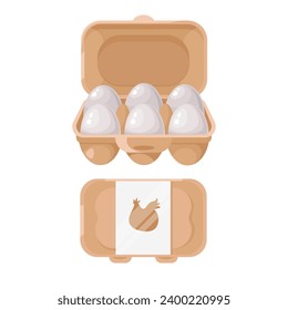 White chicken eggs in a cardboard box. A container or tray for storing eggs. An open and closed box. Farmer's market, fresh organic products. Flat vector illustration 