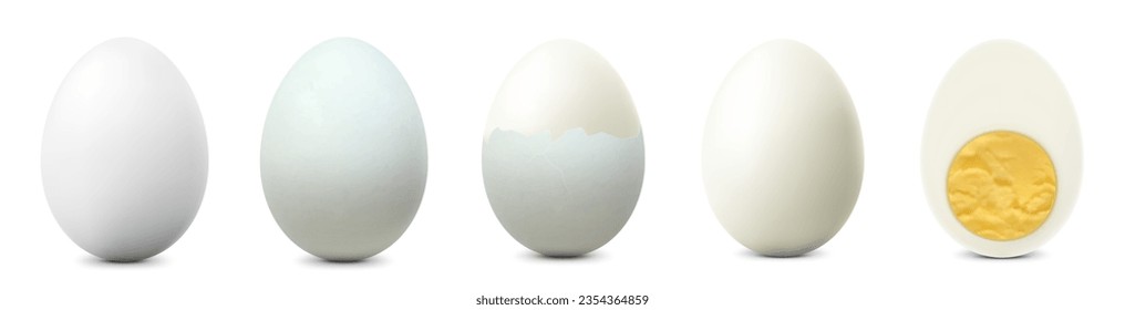 White chicken eggs isolated on white background. Textured Whole, Cracked Broken, half peeled, Peeled Boiled Egg, Hard-Boiled Egg With Yolk. Whole, Cut in Half Egg, Front View. Realistic 3d Vector