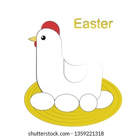 White chicken with white eggs in the nest and the inscription "Easter".