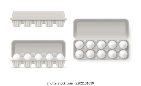 White chicken eggs in open and closed package side top view set realistic vector illustration. Cardboard boxes with cells for eggshell protein food storage and carrying. Uncooked fresh food container