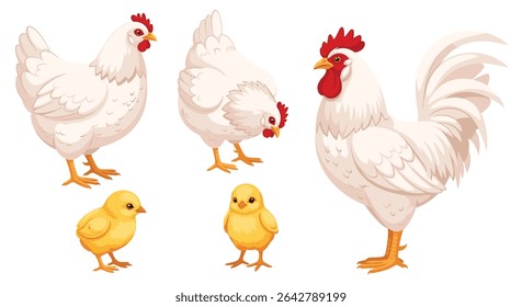 White Chicken Family Adorable Rooster Hen and Small Yellow Chicks Farm Animals Poultry
