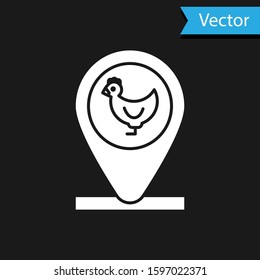 White Chicken farm and location icon isolated on black background.  Vector Illustration