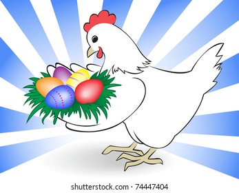 white chicken keeps a nest with colored eggs