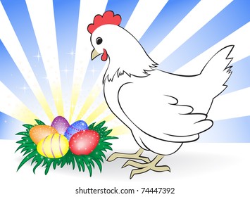 white chicken leaned over the nest with colored eggs