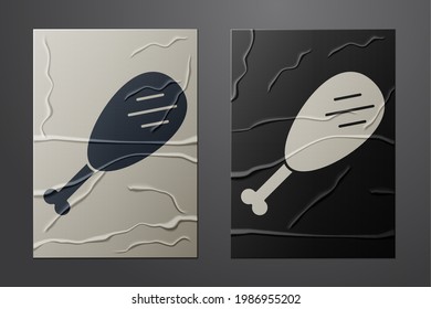 White Chicken leg icon isolated on crumpled paper background. Chicken drumstick. Paper art style. Vector Illustration